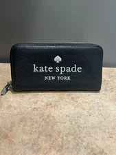 Kate Spade Large Continental Wallet Black Zip Around Glitter Logo Leather NWT