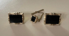 Vintage Swank Black Onyx Gold Tone Cuff Link  Tie Pin Set EC 