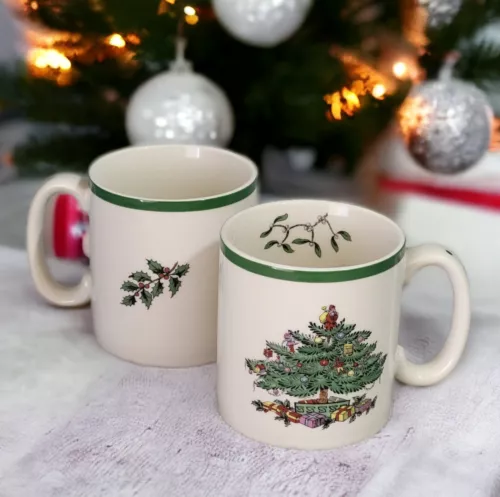 Set of 2 Spode Christmas Tree Coffee Tea Mugs Cups Ivory Green S3324 His & Hers