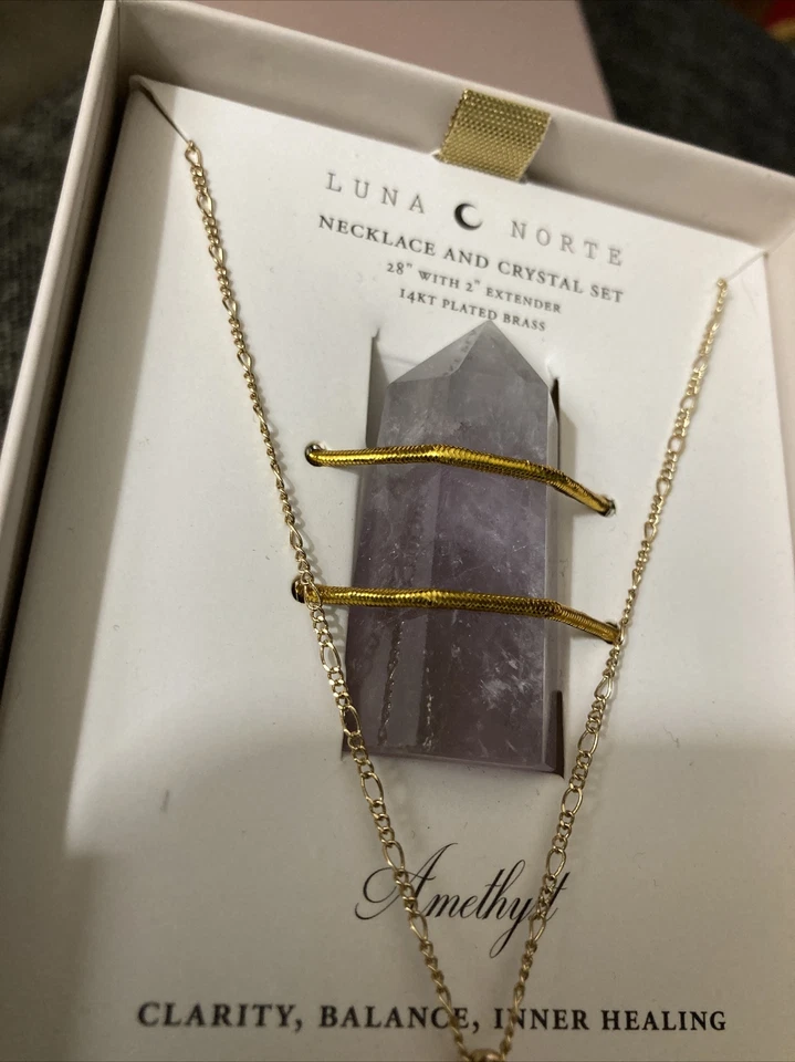 Conjunto de collar y cristal curativo de amatista Luna Norte ~ 14KT latón enchapado ¡Nuevo en caja! Foto 4 de 4