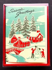 Box of 10 SMALL Cavallini Christmas Cards Blank Note Village Snowman Vtg Style