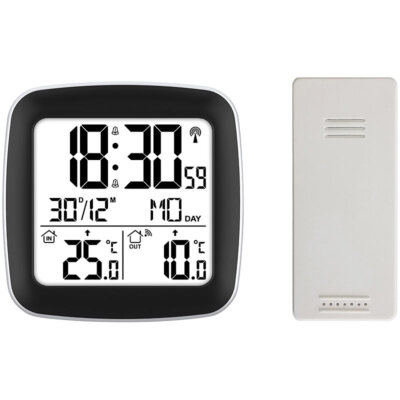 infactory Digitaler Funkwecker mit Dual-Alarm, Thermometer, Außensensor, Datum