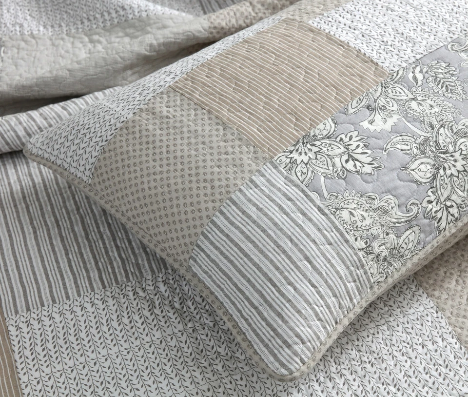 Taupe Gray Hibiscus Patchwork Quilt Set Pre-Washed Cotton Bedspread Coverlet Set - Image 4 of 4