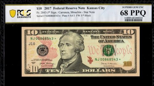 $10 2017 FRN,  Kansas City,  Star Note, PCGS Banknote 68 PPQ SUPERB GEM  (D1-1) - Afbeelding 1 van 2