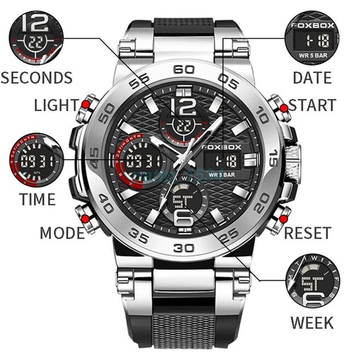 FOX BOX Men Sport Watch Military Quartz Wristwatch Boys Silicone LED Watches - Picture 4 of 25