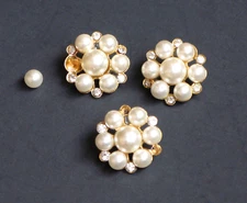 Lot of 3 Round 13/16” Pearl and Rhinestone Shank Buttons, Goldtone Metal Backs