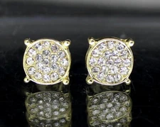 Men Women Iced CZ Round Earrings 9mm 14k Gold Plated Hip Hop Stainless Steel