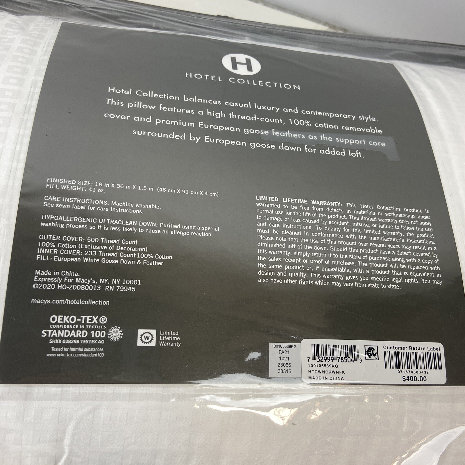HOTEL COLLECTION Feather Core Down Surround Medium/Firm Support King Pillow