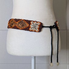 Handmade Y2K Cowrie Shell Beaded Wide Tie Belt Boho Brown Orange One Size
