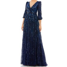 NWT Mac Duggal 5509 Bishop Sleeve Sequin A-Line 3/4 Sleeve Gown Blue 16