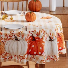 Fall Tablecloth 60x84 Inch Oval, Orange Buffalo Plaid Pumpkin Table Cloth Sea...