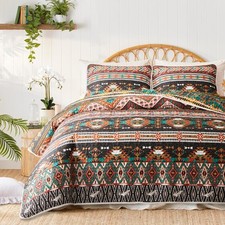 3 Pieces Colorful Bohemian Quilt Set King Size, Brown Boho Striped Printed Be...