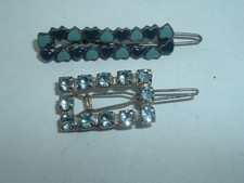 VINTAGE SMALL BLUE RHINESTONE HEARTS POST CLIP HAIR BARRETTES