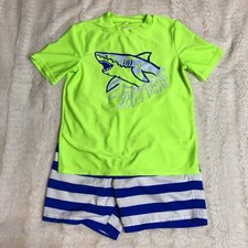 Cat  Jack blue yellow white shark rash guard swim trunk set size Large 10-12
