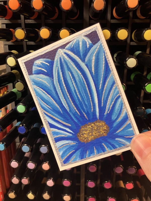 aceo original painting, blue cosmos flower, acrylic, 2.5 x 3.5, Keris creations