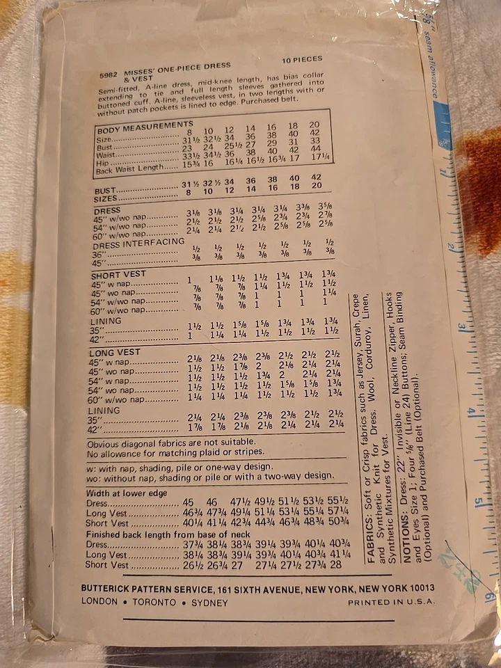 🌺 1970 BUTTERICK #5982-LADIES BEAUTIFUL BOW TIE DRESS & LONG VEST PATTERN 14 FF - Image 2 of 2