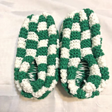 Hand Knitted Checkerboard Slippers, Unisex, Hand Made, Size 5-9, Green  White
