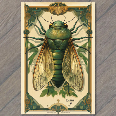 Art Print Cicada Bug Nature Insect Gold Green Wings Entomology Decorative Frame
