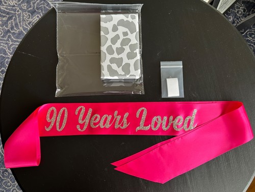 Beautiful Pink "90 Years Loved" Birthday Sash 3" x 72" with Pin to Close
