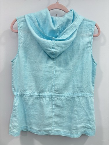 Kenar Women’s 100% Linen Hooded Vest Jacket Cover Up S Blue Zip Utility Pockets - Picture 2 of 7