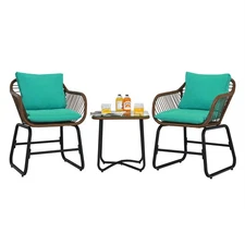 Costway 3PCS Patio Rattan Bistro Set Cushioned Chair Glass Table Deck Turquoise