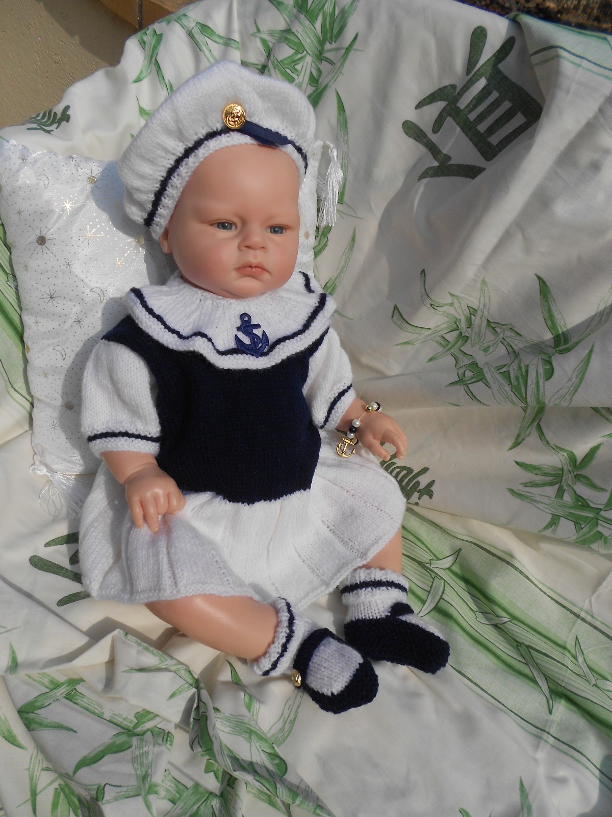 Robe 3 pièces fait main en coton bio blanc pour bébé 3 mois et poupon