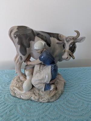 Bing & Grondahl #2017-Farm Girl Milking Cow with Cat