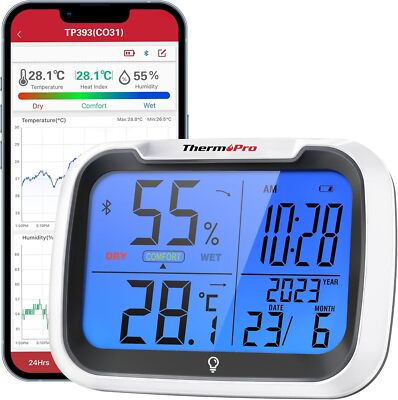 Bluetooth Thermometer Hygrometer Innen mit LCD, Nachtlicht & App-Steuerung