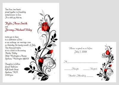 50 Personalized Red Black Rose Swirl Bridal Wedding Invitations Set RSVP Cards