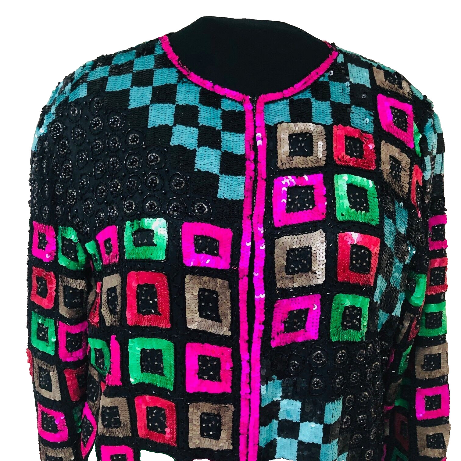 Vintage Patchwork Sequin Bead Jacket Womens L Lin… - image 2
