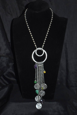 SNT Brand Circle Tassel Metal Silver Tone Chain Necklace  20 -22'' L