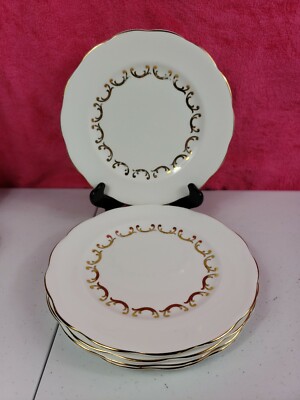 VINTAGE BONE CHINA England Queen Anne 5 Cake Salad Plates Gold Trim