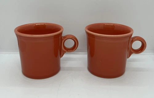 Fiesta Ware Orange Tangerine Coffee Mugs (2) USA Marked HLC 10oz O Ring