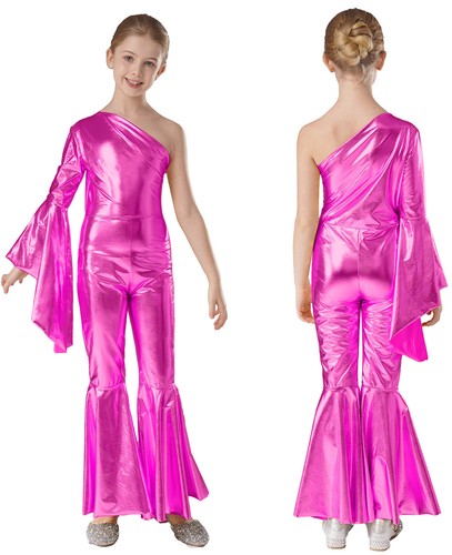 Kids Girls Disco Costume Shiny Sequins Dance Jumpsuit Long Bell-bottom Unitard - Picture 73 of 93