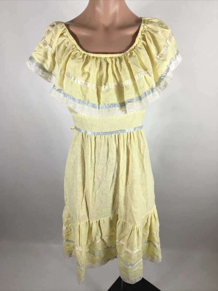 Vestido de verão vintage em camadas renda chalé núcleo papel lua anos 70 babado fora do ombro - Imagem 3 de 4
