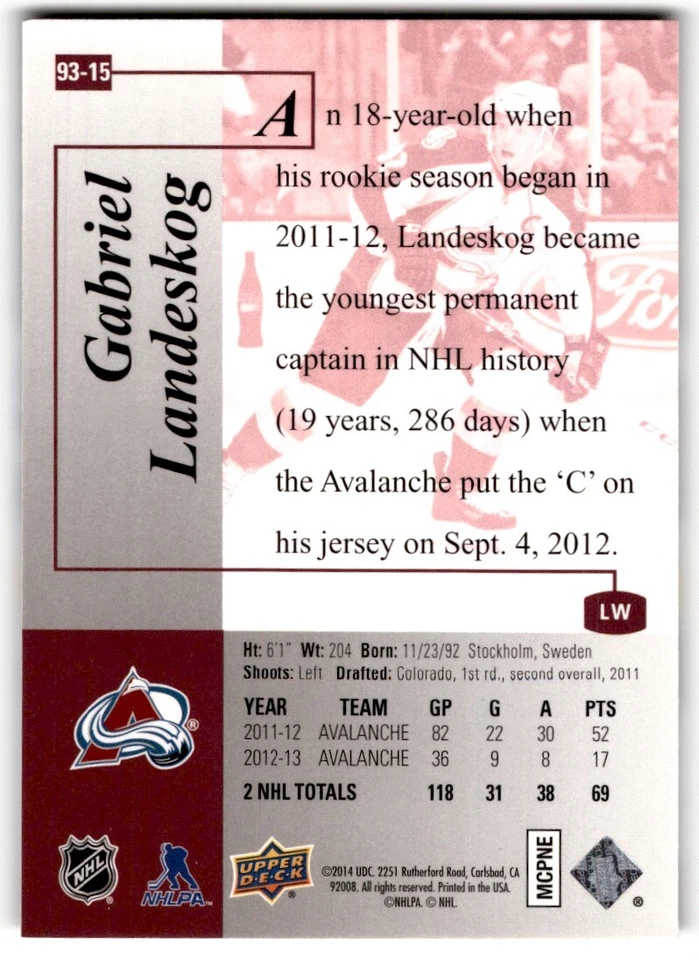 2013-14 SP Authentic '93-94 Retro Gabriel Landeskog #93-15 Colorado Avalanche - Image 2 of 2