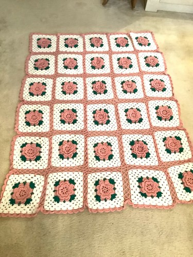 Vintage Crocheted Afghan Throw Blanket 3D Pink Rose Squares Large 60 in x 70 in - Picture 3 of 5