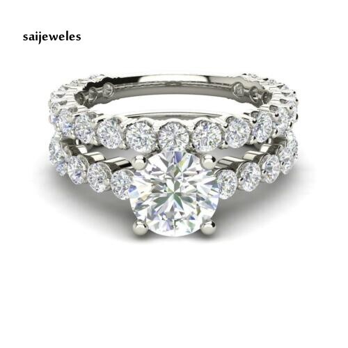 Lab-Created 2.75CT Round Diamond Bridal Set Engagement Ring 14K White ...