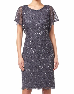 sequin beaded cocktail dress with flutter sleeves and scallop trim