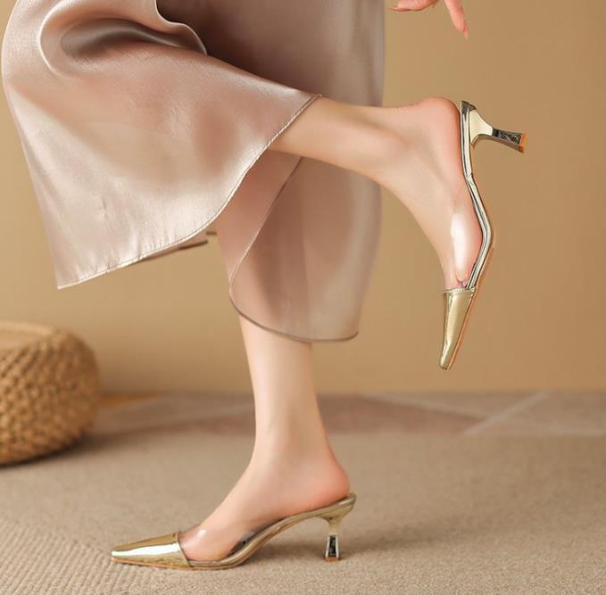 PANTOFOLA D’ORO Pantofole donna tacco gattino moda PVC punta chiara punta sandali abito data muli