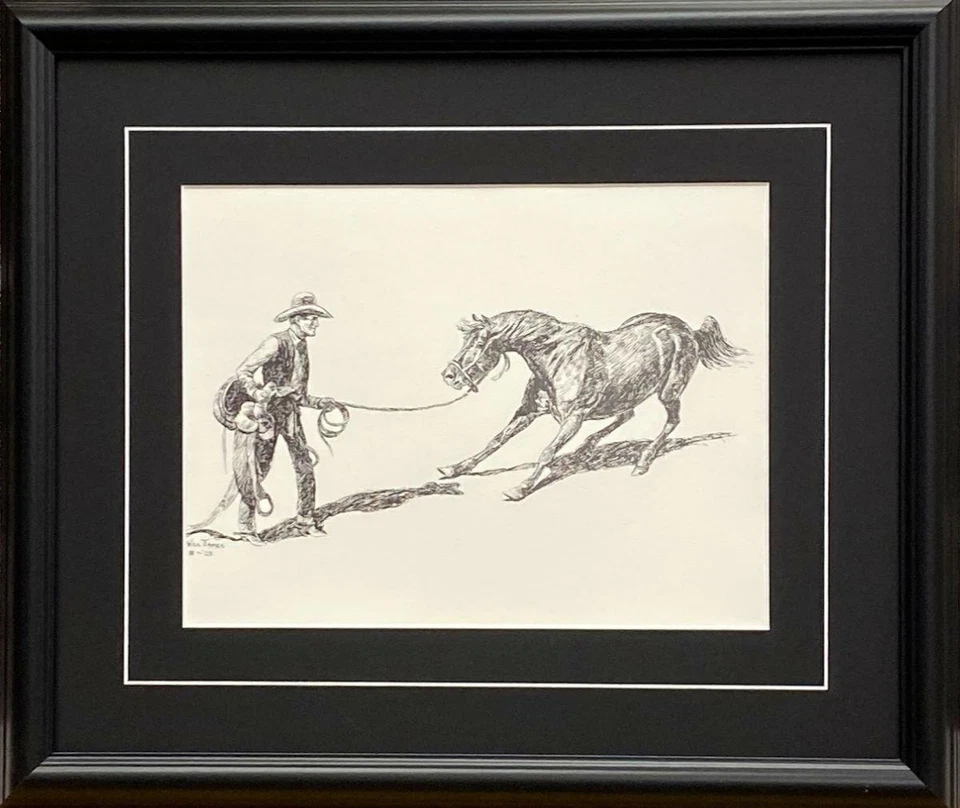 Will James Cowboy breaking Wild Horse Black and White Art Print-Framed 20 x 17