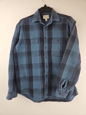 CABELAS Heavyweight Flannel Shirt Sz L Cotton Plaid Blue Camping Hunting Dad Out
