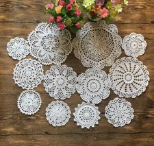 Set of 12 Hand Crochet Doilies Cotton Crocheted Lace Doilies 4-10 Inches Roun...