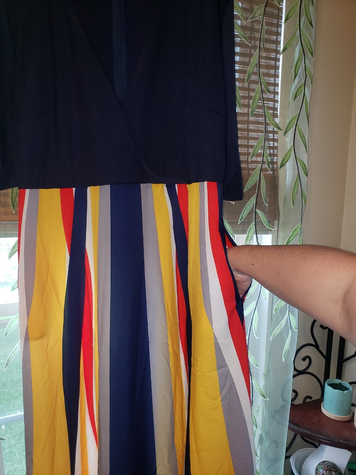 Cross Top Maxi Dress Womens XL Navy Blue Yellow White Red Stripes