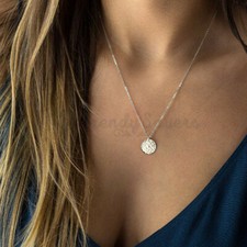 Sterling Silver Bumpy Full Moon Round Hammered Pendant Gold Disc Choker Necklace