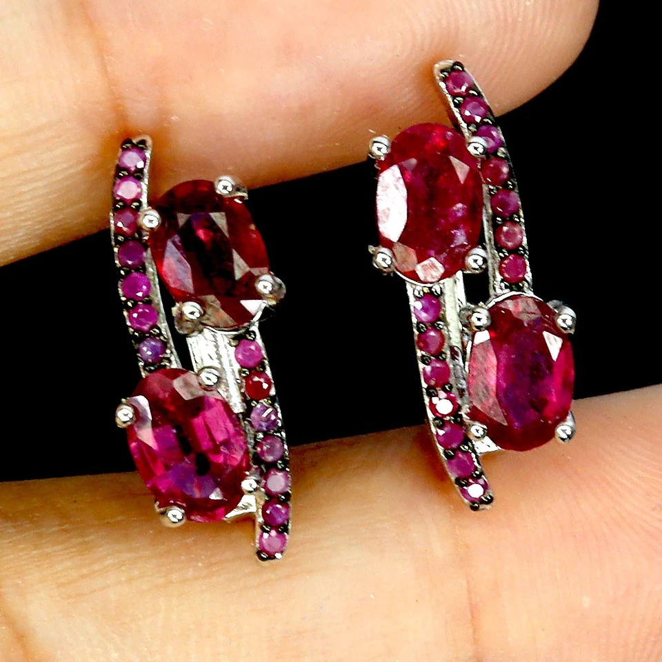 925 Sterling Silver Earrings Oval Ruby 6x4mm Ruby Diamond Cut Gemstone Jewelry - Image 2 of 4