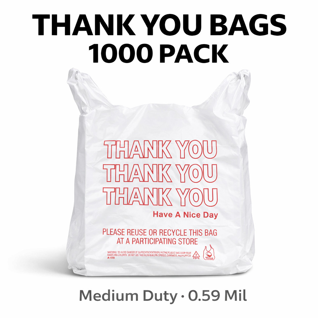 1000 Thank You Bags 1/6 Large Grocery T-Shirt Bags Medium Duty 0.59 Mil Carryout