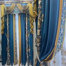 luxury European Embroidery valance blue lace flannel window curtain tulle M1807