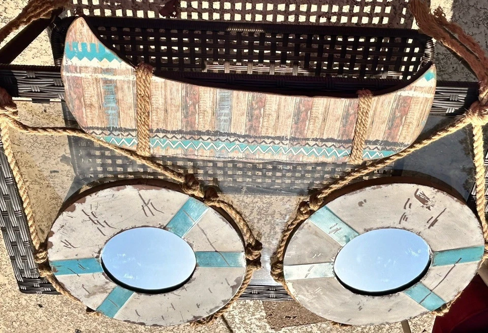 Lot 3 Nautical Wall Hangings Life Preserver Mirror Canoe Rustic Shabby Beach - Image 3 of 4