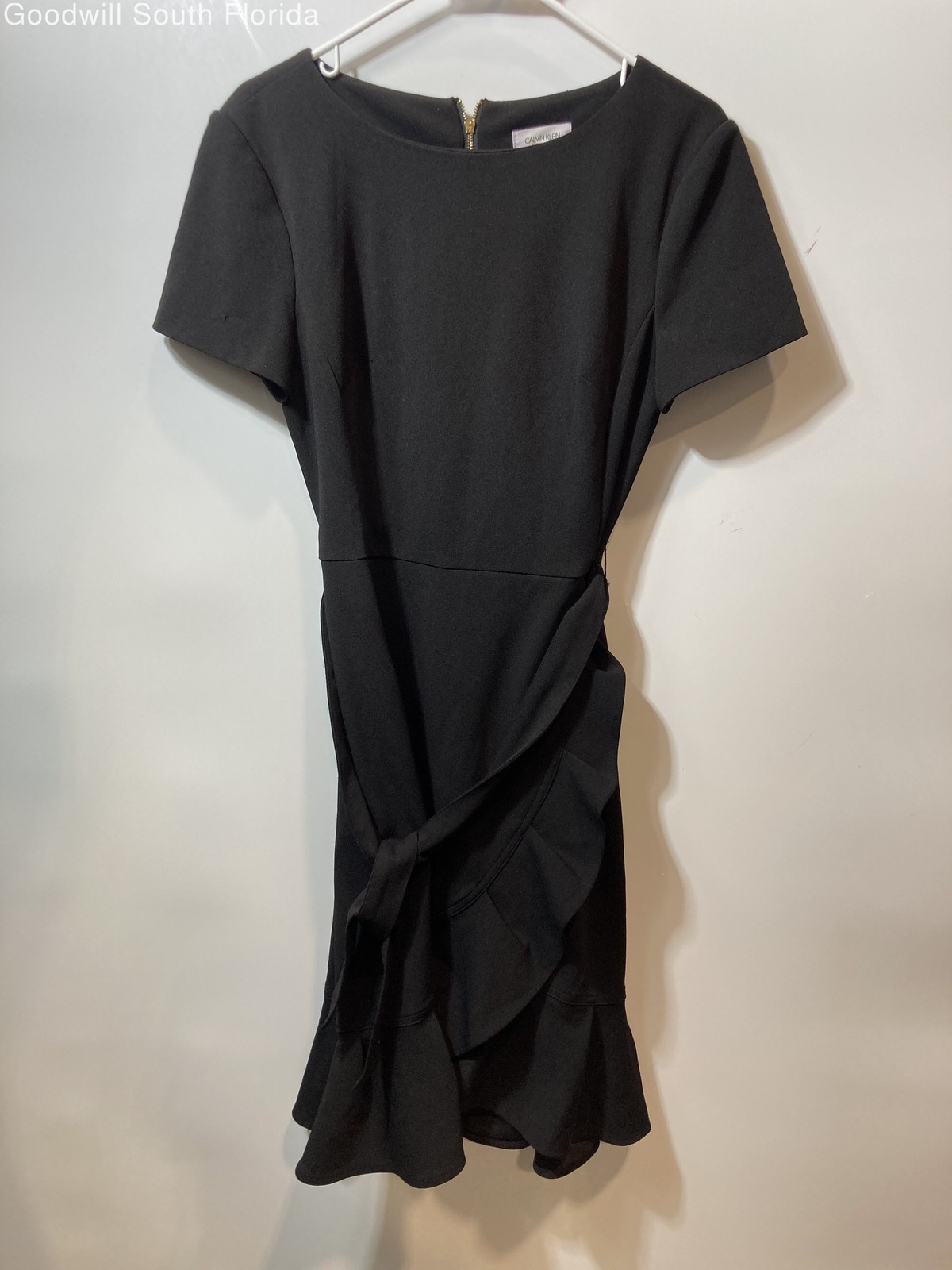 Calvin Klein Womens Black Short Sleeve Tie Waist Ruffle Hem Sheath Dress Size 8